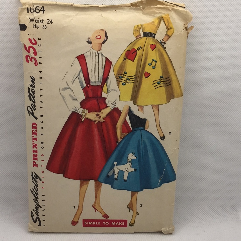 1950’s Simplicity 1664 Ladies Vintage Poodle Skirt Pattern 24 inch Waist